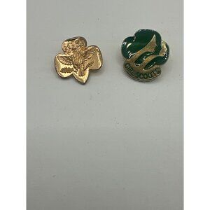 Vintage Girl Scouts USA 1980s Pins Set Of 2 - Gold Tone & Green Enamel Trefoil D